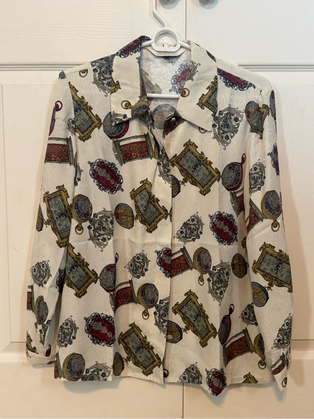 Vintage Burberrys Floral Jacquard Blouse in Ivory, Gold, Red, Green, & Blue EUC